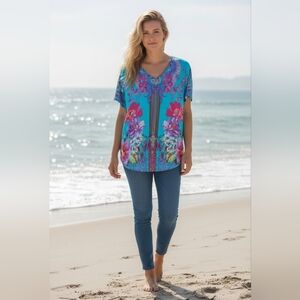 Nygard Stretchy Top Floral Print Popover Blue Size 1X  NWT